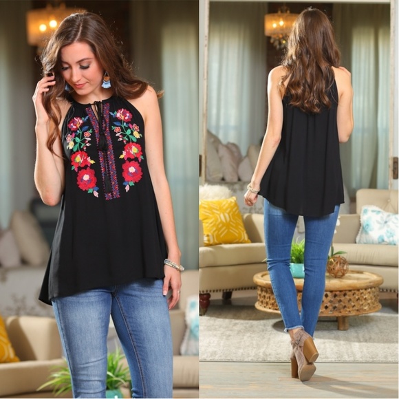 LAST ONE! Black Embroidered Halter Tunic - Picture 2 of 5